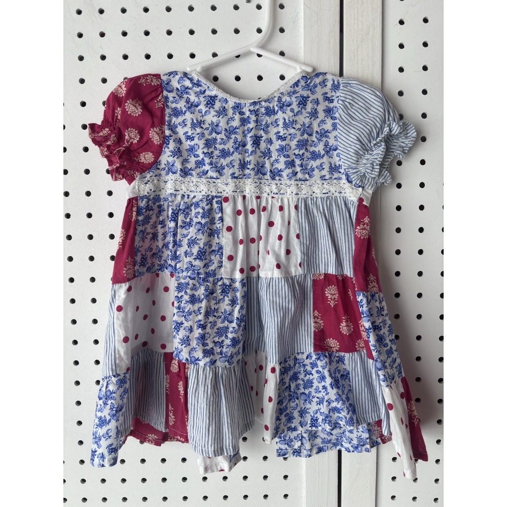 April Cornell Baby Girl 6-12m Patchwork Floral Dot Stripe Red White Blue Dress